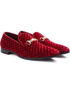 Cenprmon Men's Wine Red Velvet Loafer Diamond Pattern Metal Buckle Wedding Shoes